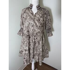 Hyacinth House Half Smocked Sleev Bown and White Print Cotton Mini Dress Sz S